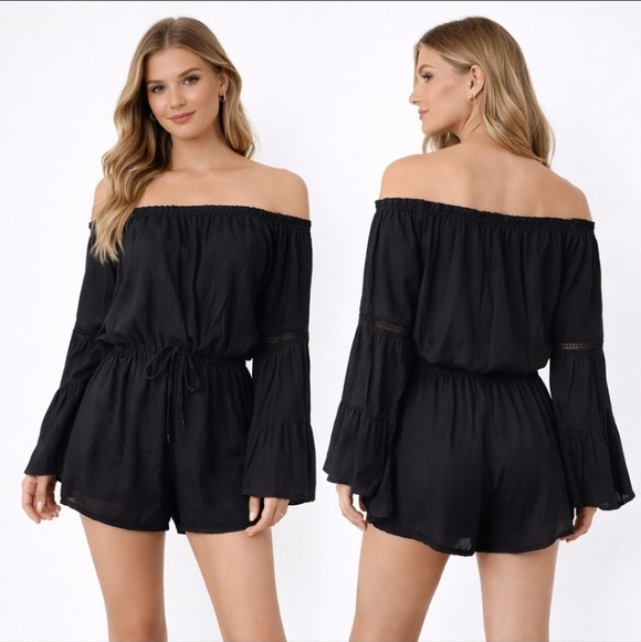 Elan Pants - Elan Black Off Shoulder Boho Romper Bell Sleeve Festival Style S